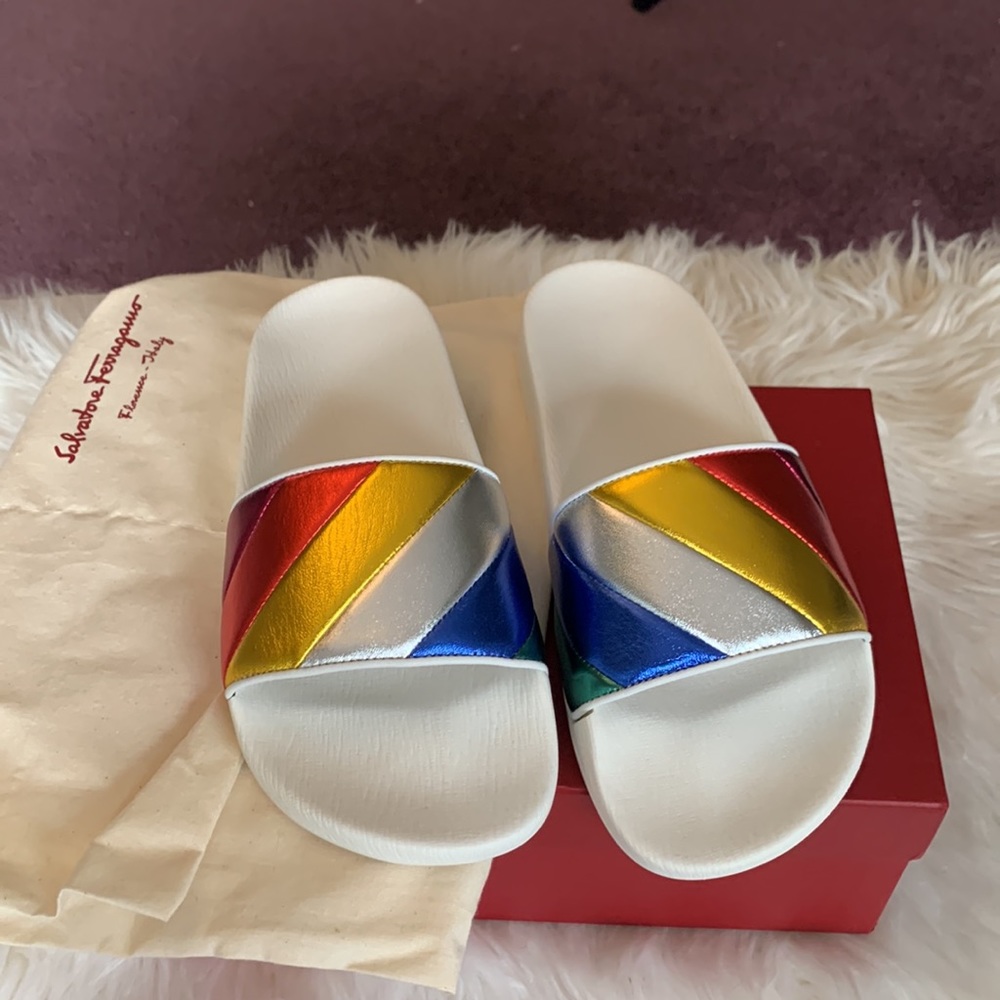 🌈 Salvatore Ferragamo Rainbow Pool Slide Sandals by Ferragamo - Picture 4 of 16